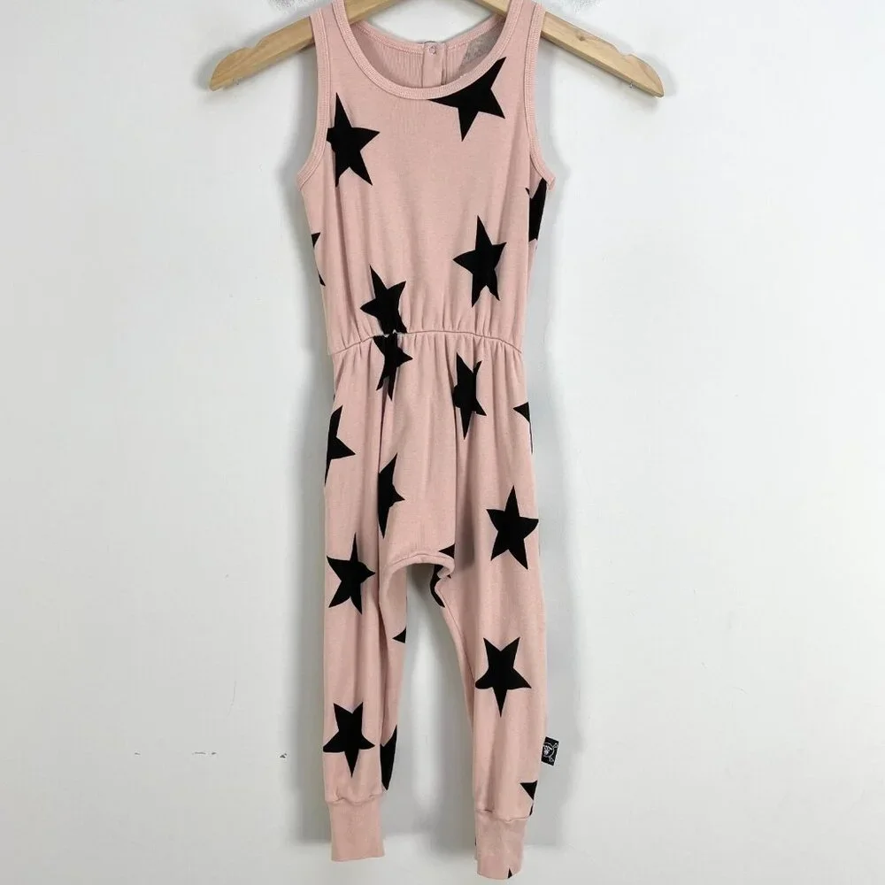 NUNUNU Girls Toddler 2-3 Pink Star‎ Jumpsuit Drop Crotch Sleeveless One Piece